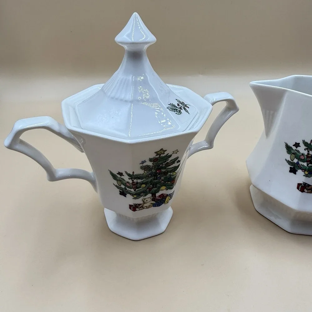 Nikko Christmastime Creamer and Sugar Bowl Set Octagon Christmas Tree Vintage